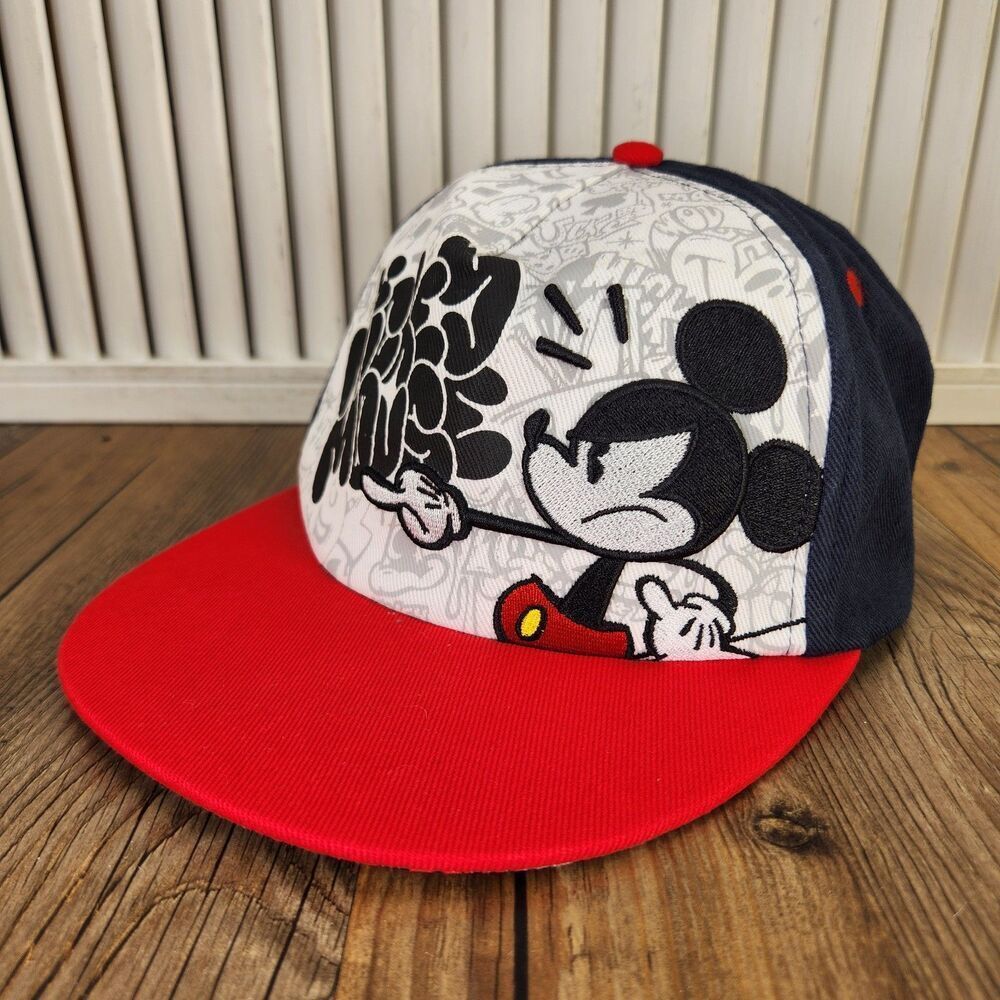 Disney Parks Mickey Mouse Graffiti Snapback Hat Cap Red Blue Cartoon Flat Bill